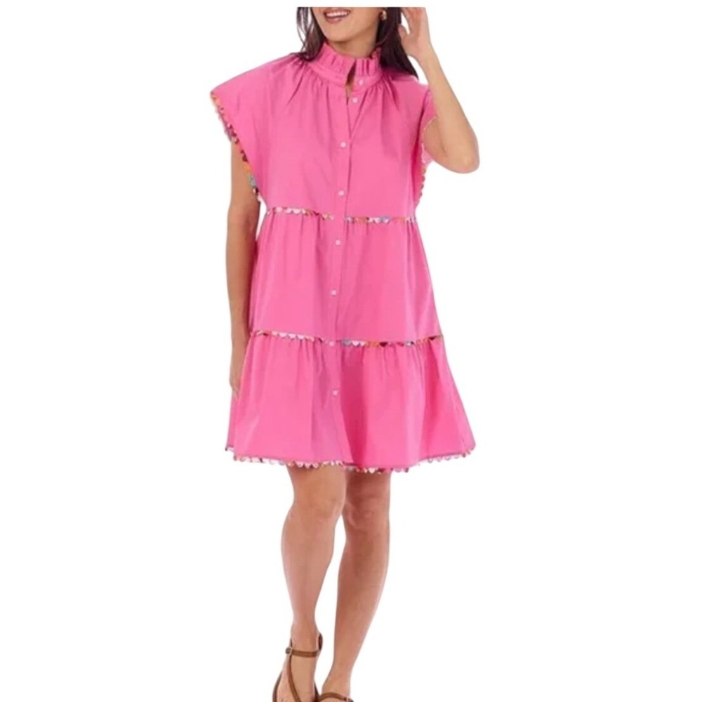 Crosby NWT SZ LGE Bright Pink Tiered Ruffle Mini Dress Colorful Pom Pom Trim